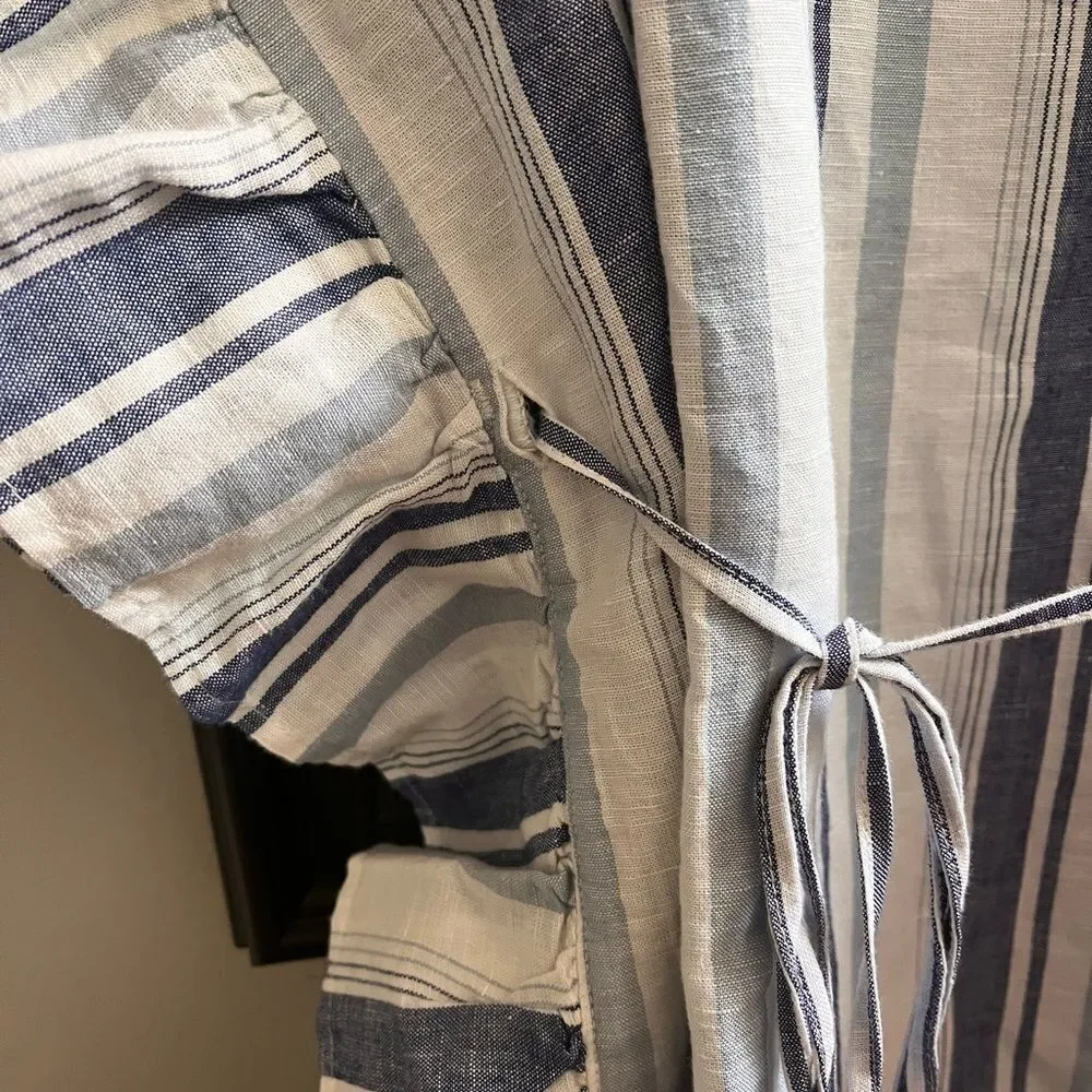 J. Crew Beachwear Blue Linen Striped Tie Caftan Cover Up sz S NWOT